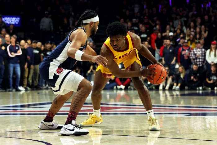 USC Trojans guard Bronny James dribbles against Arizona Wildcats guard Kylan Boswell.